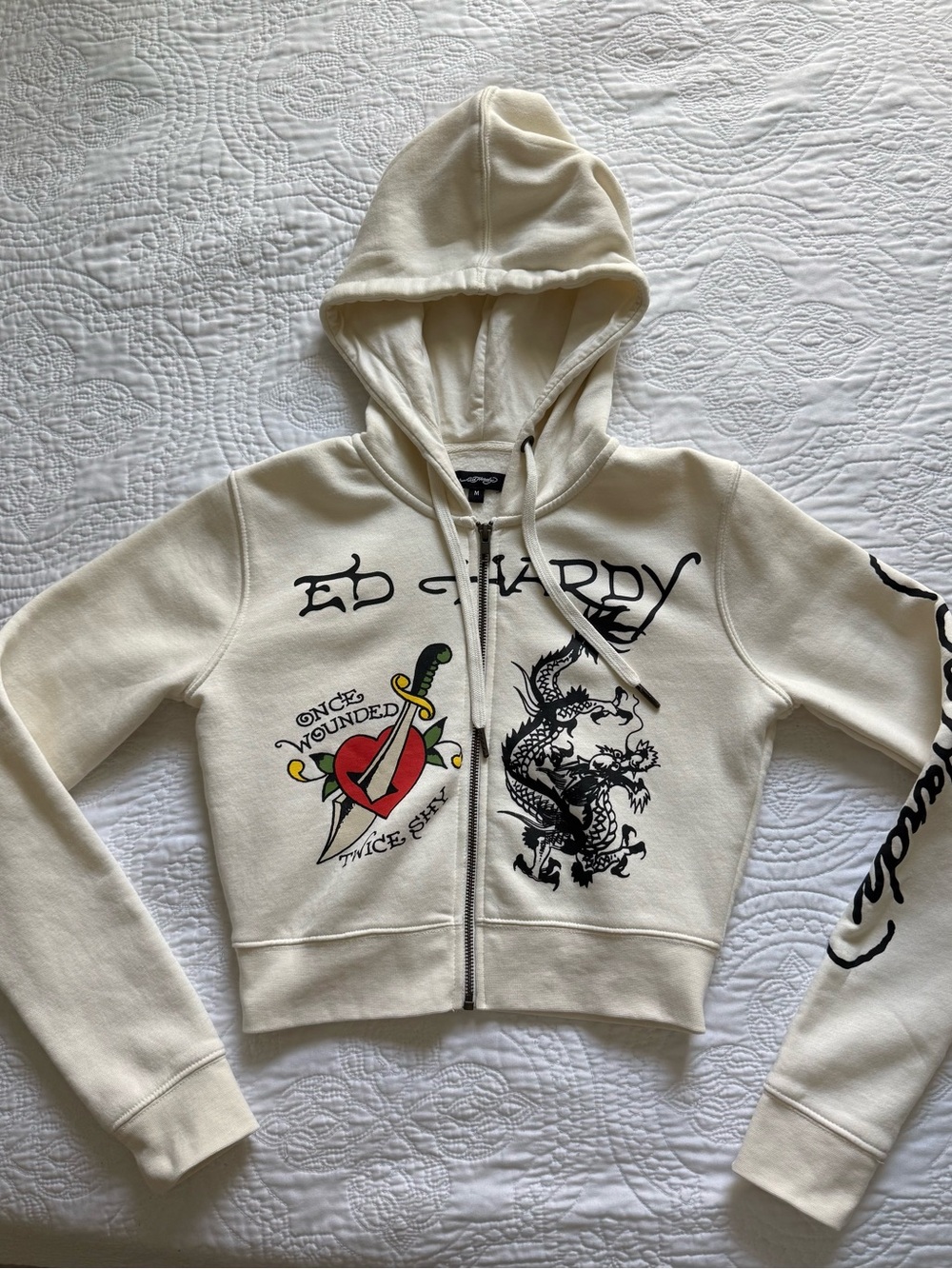 Ed Hardy Off-White Zip Hoodie with Tattoo Style Designs